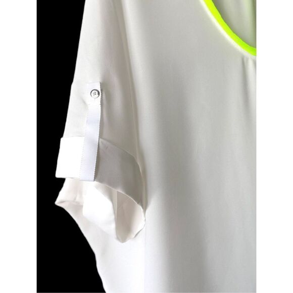 T Tahari Women's Micah Short Sleeve Neon‎ Trim High Low Hem Top White Size Large - Picture 3 of 7